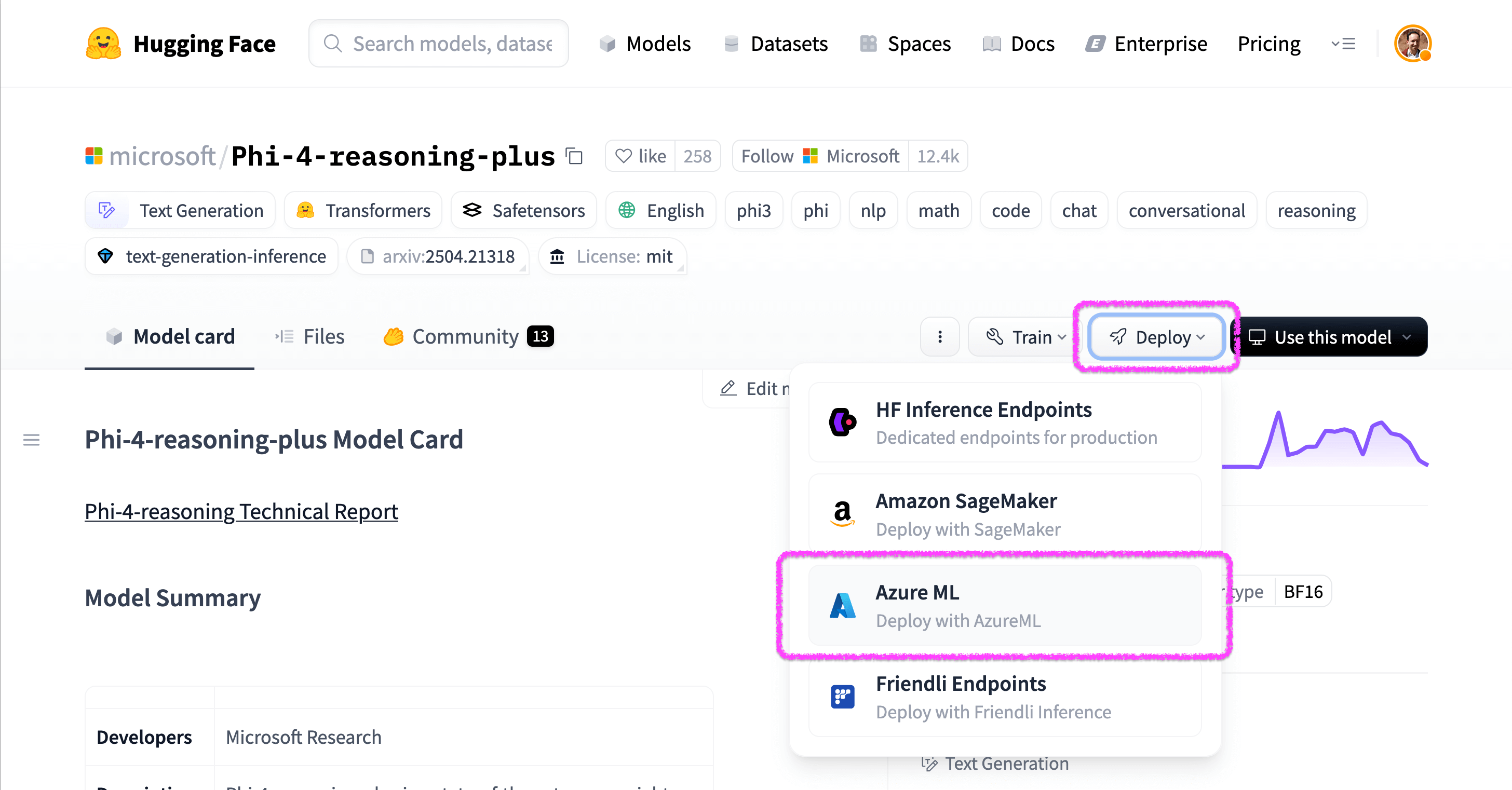 A menu to deploy a model to Azure ML from a Hugging Face model page
