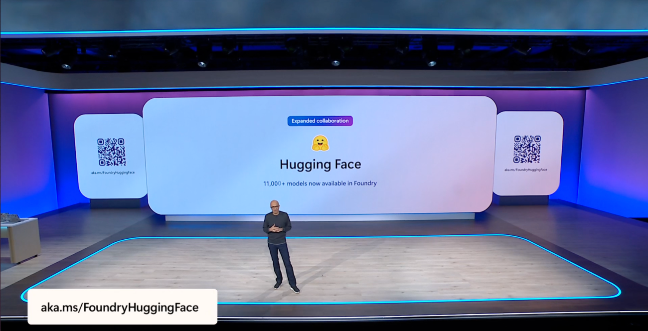 Satya Nadella announcing the Hugging Face expanded collaboration on Microsoft Build 2025